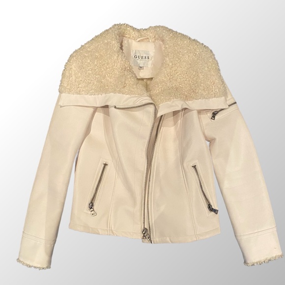 Guess Ivory Faux Leather Shearling Moto Jacket |Size S - Picture 1 of 2